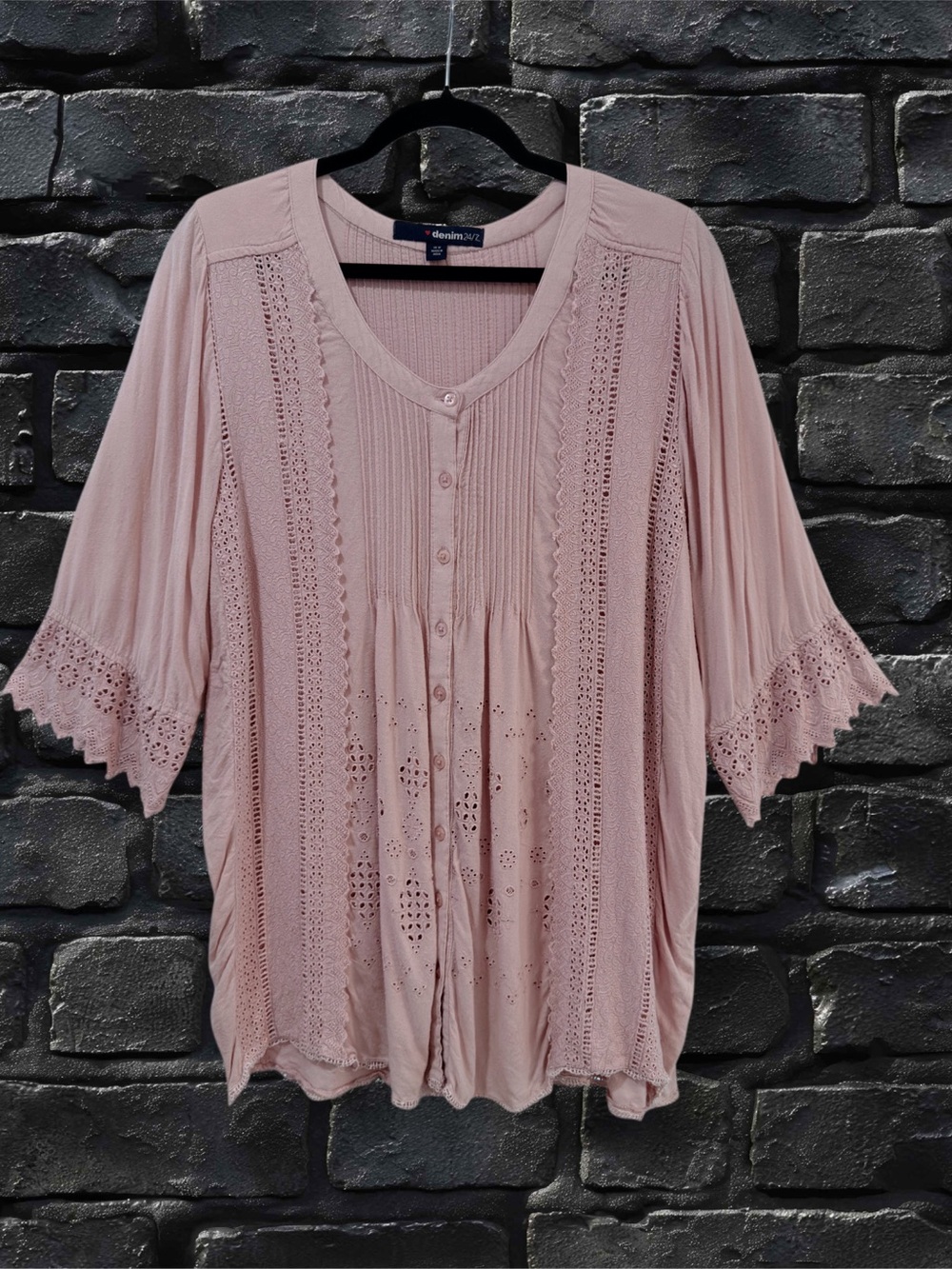Denim 24/7 Crochet-Trim Button Down Blouse in Dusty Rose